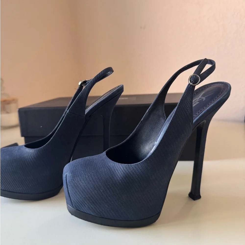 Saint Laurent Navy Blue Suede Tribtoo Slingback Heels 105mm - Picture 12 of 15
